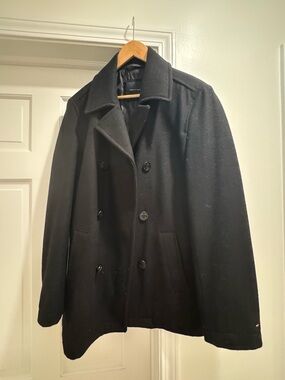 Tommy Hilfiger Black Double-Breasted Wool Pea Coat